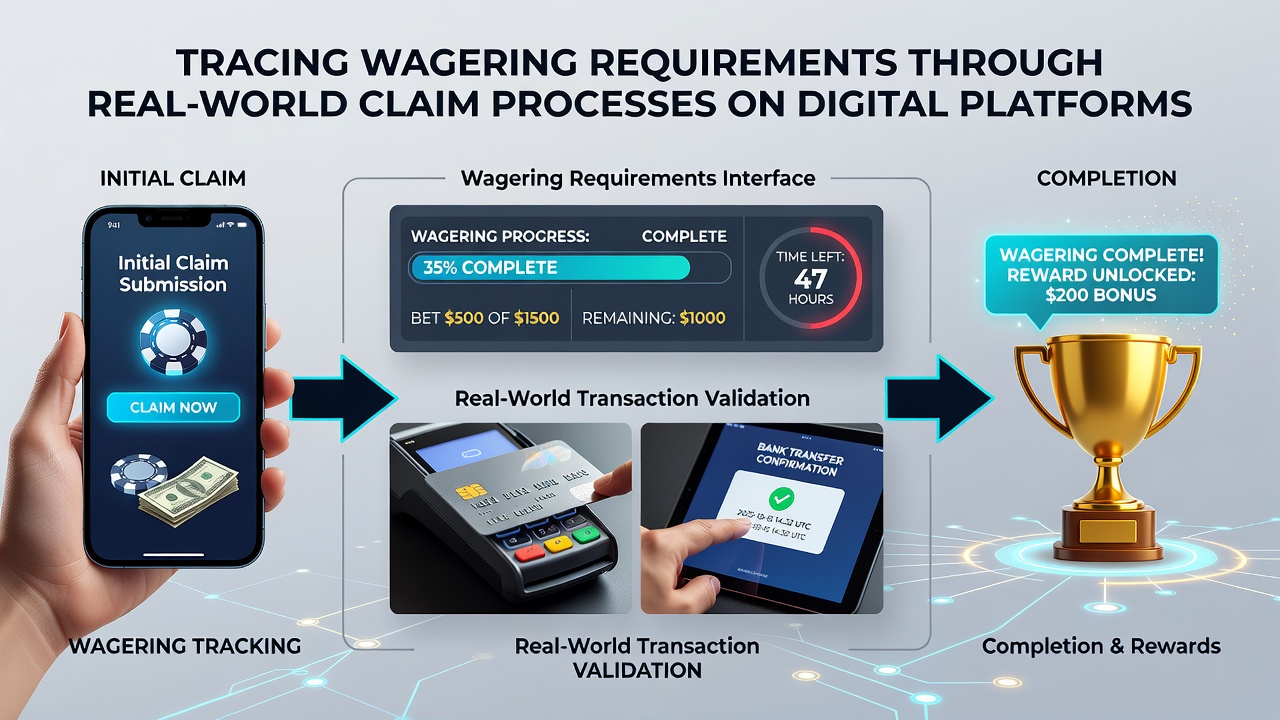 Flowchart illustrating the stages of a wagering requirement claim from activation to payout on a mobile app